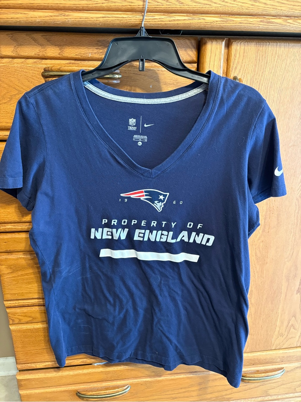 NFL Navy New England Patriots V-Neck Tee with White Logo